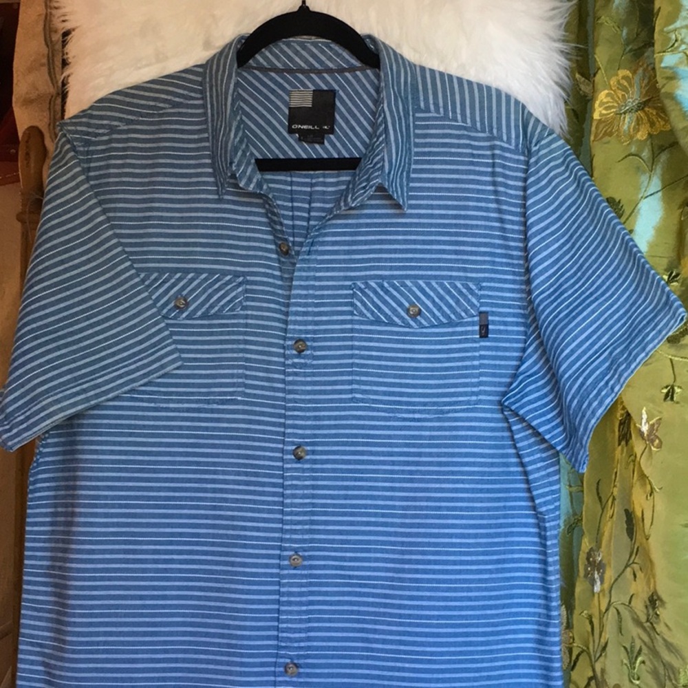 O’Neil men's shirt, blue cotton, short sleeve, button down, collar